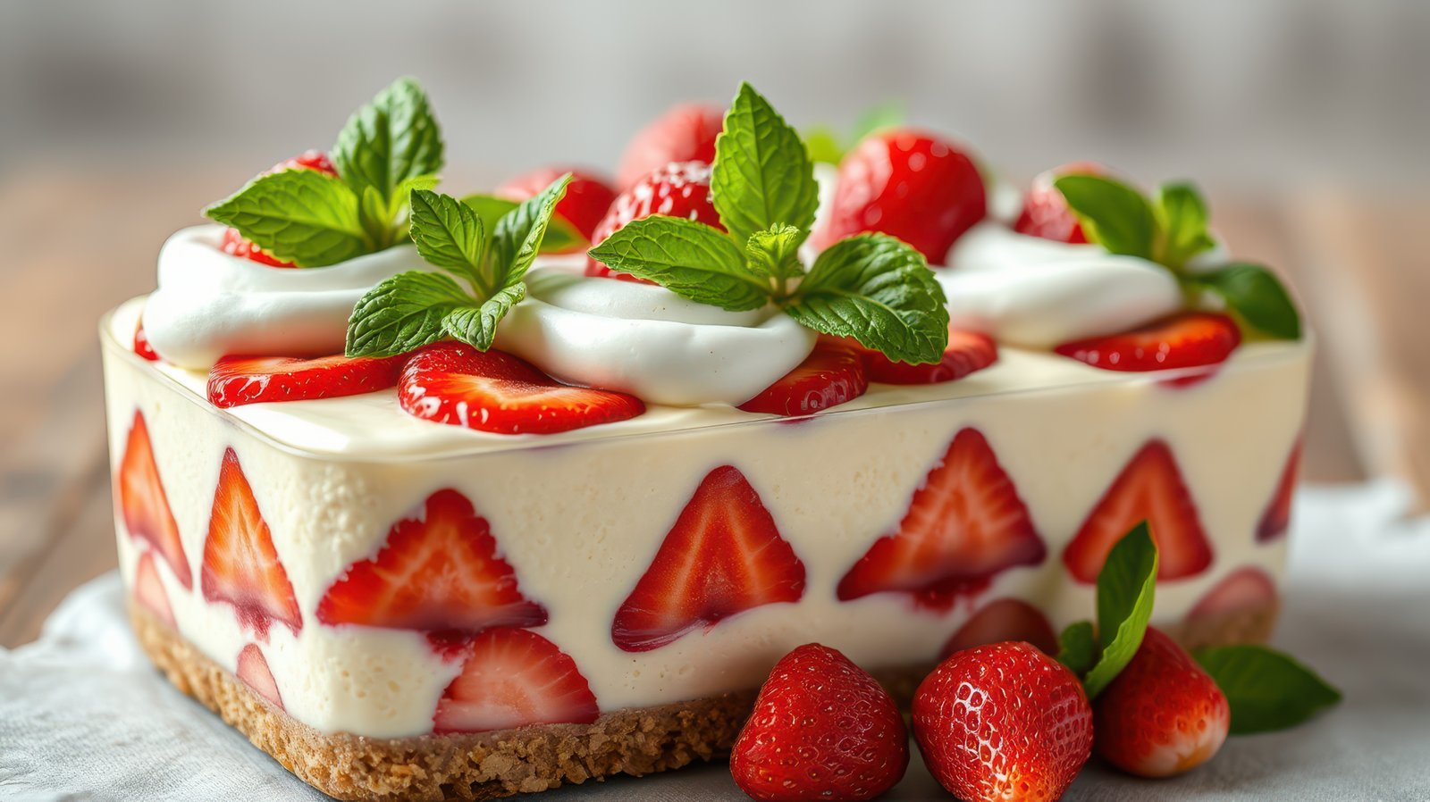 Delightful strawberry dessert with fresh mint and whipped cream on wooden table